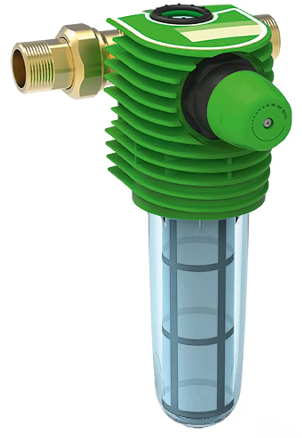 Grünbeck Feinfilter mit grünem Gehäuse und transparentem Behälter. Das Produkt besitzt Anschlüsse zur Wasserleitung und eine Filtereinheit im Inneren.